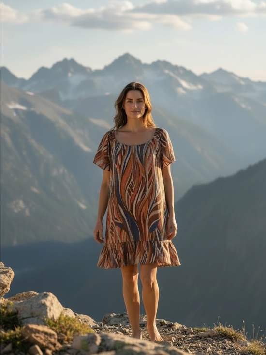 Robbie Bee Dresses & Skirts - Robbie Bee Boho Mini Dress Earth Tone Abstract Print Ruffle Hem Flowy Size L